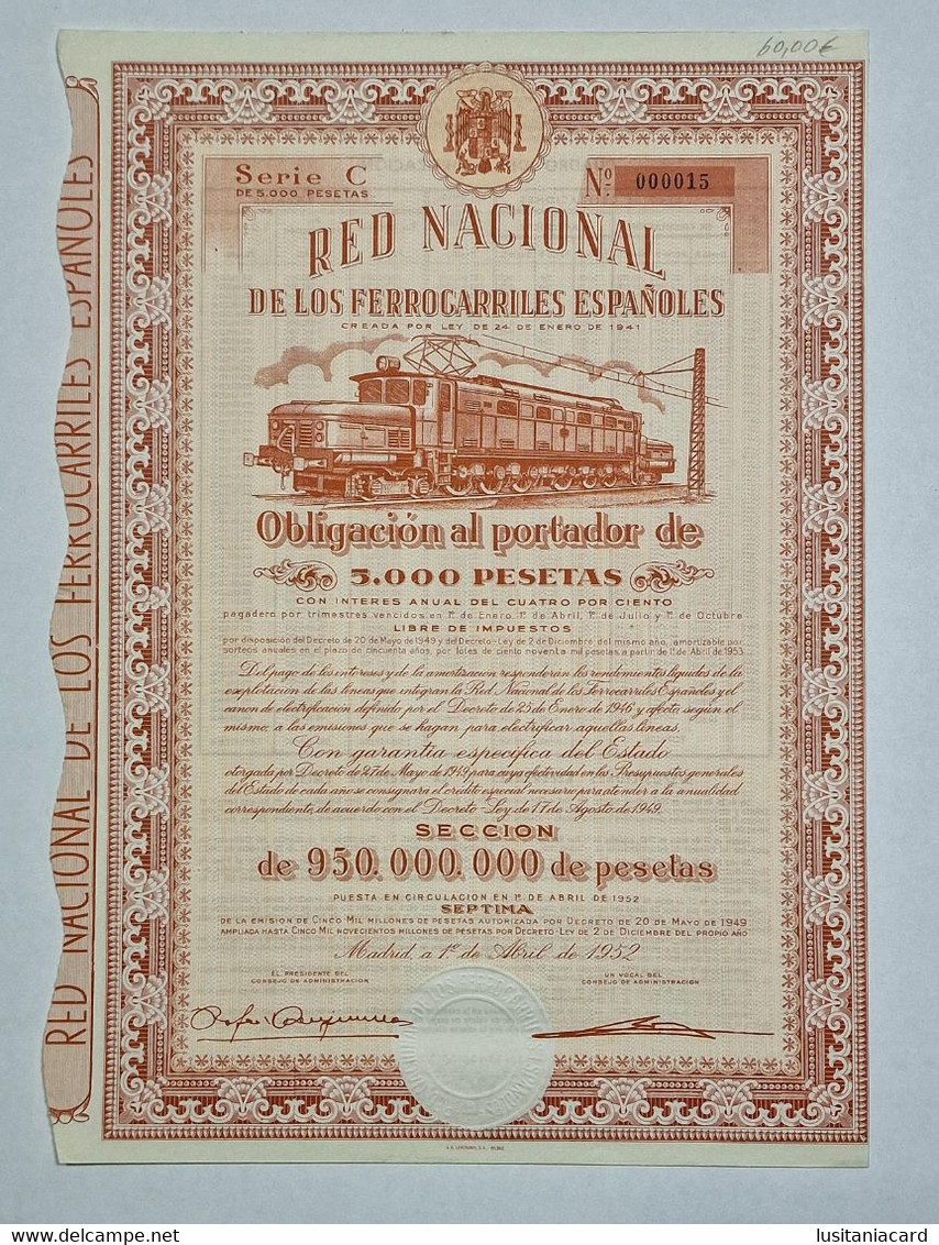 SPAIN -Red Nacional De Los Ferrocarriles Españoles-Obligación Al Portador De 5000 Pesetas Nº 000015 - 1ºde Abril De 1952 - Transports