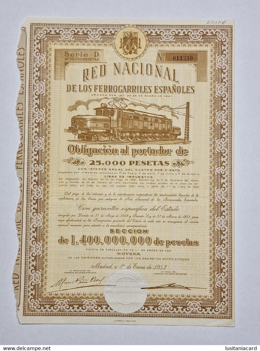 SPAIN-Red Nacional De Los Ferrocarriles Españoles-Obligación Al Portador De 25000 Pesetas Nº 011330 -1º De Enero De 1953 - Transports