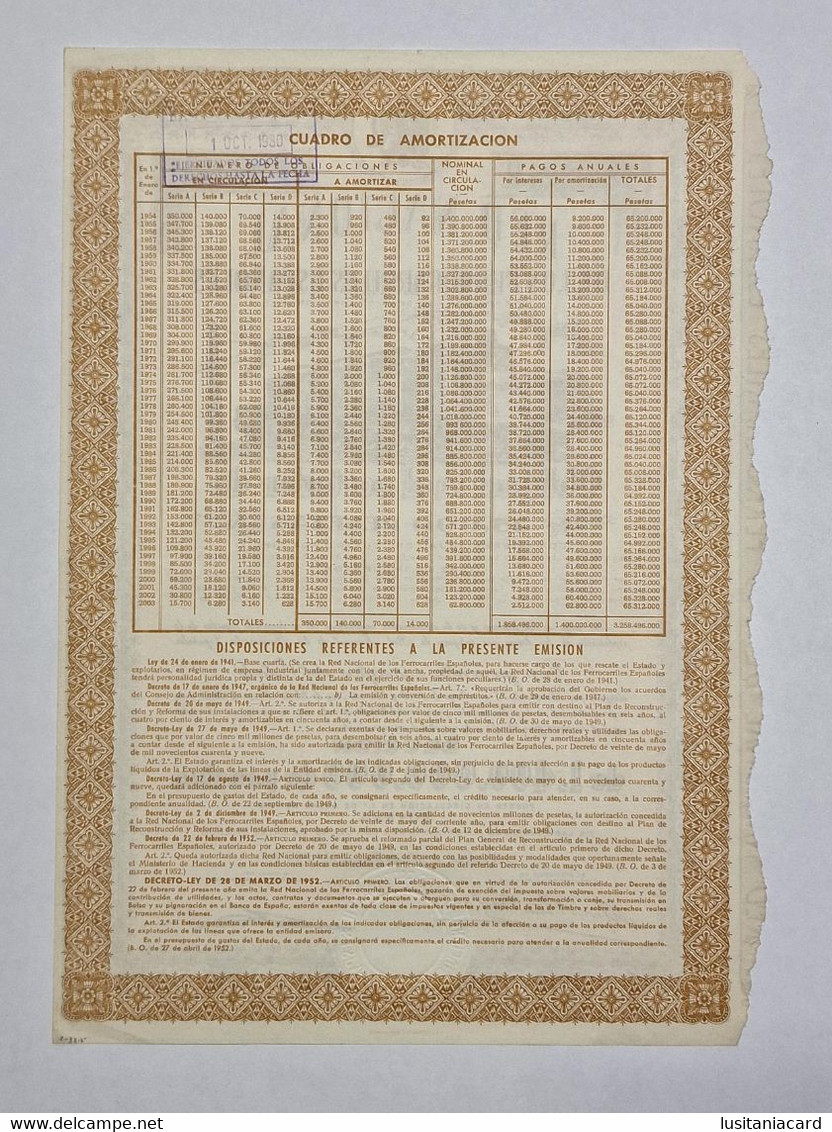 SPAIN-Red Nacional De Los Ferrocarriles Españoles-Obligación Al Portador De 25000 Pesetas Nº 011330 -1º De Enero De 1953 - Transporte