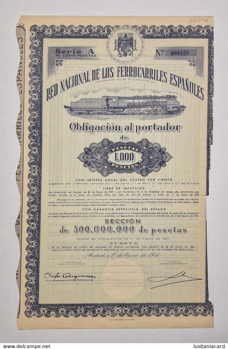 SPAIN -Red Nacional De Los Ferrocarriles Españoles-Obligación Al Portador De 1000 Pesetas Nº 089159 -1º De Enero De 1951 - Trasporti