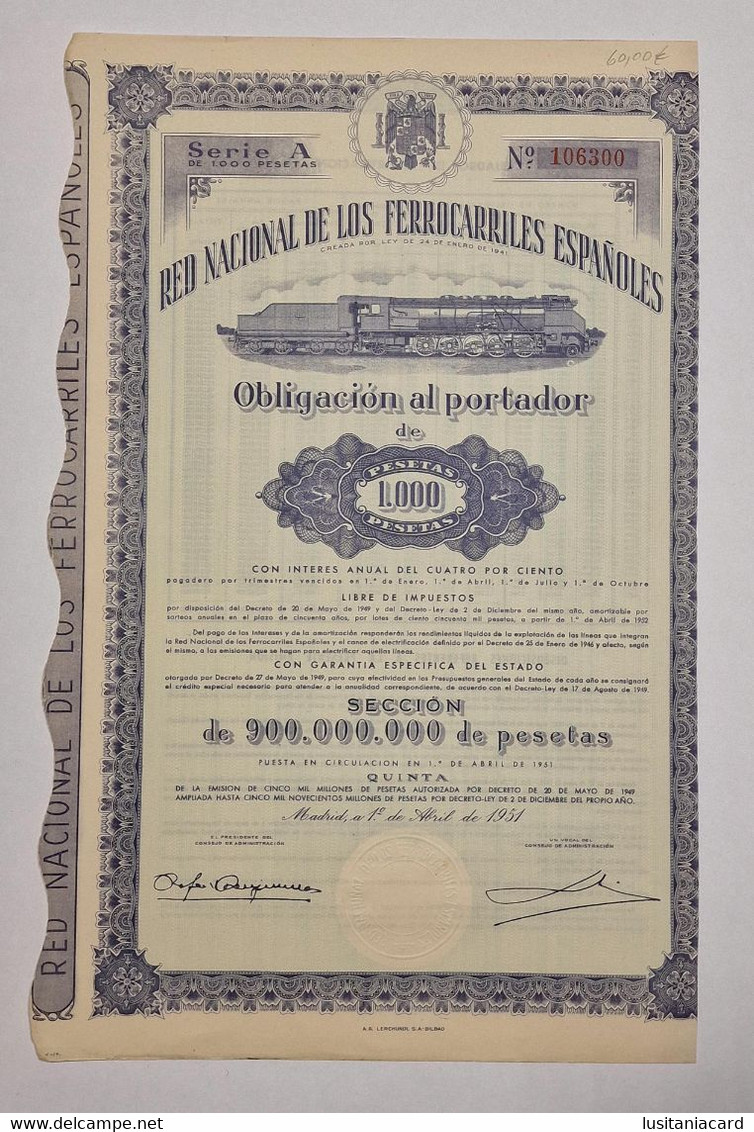 SPAIN -Red Nacional De Los Ferrocarriles Españoles-Obligación Al Portador De 1000 Pesetas Nº 106300 -1º De Abril De 1951 - Transporte