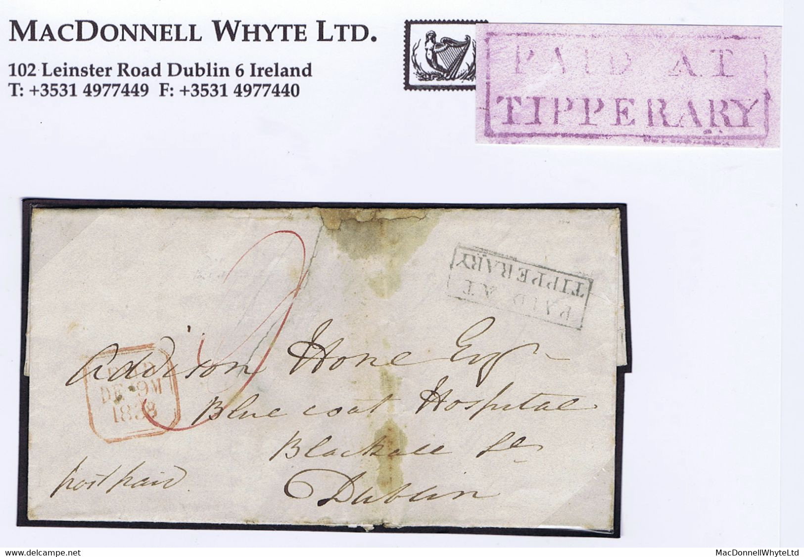 Ireland Hospital Tipperary 1838 Letter Ballywire 7 Decr To The Blue-coat Hospital Dublin With Boxed PAID AT/TIPPERARY - Prefilatelia