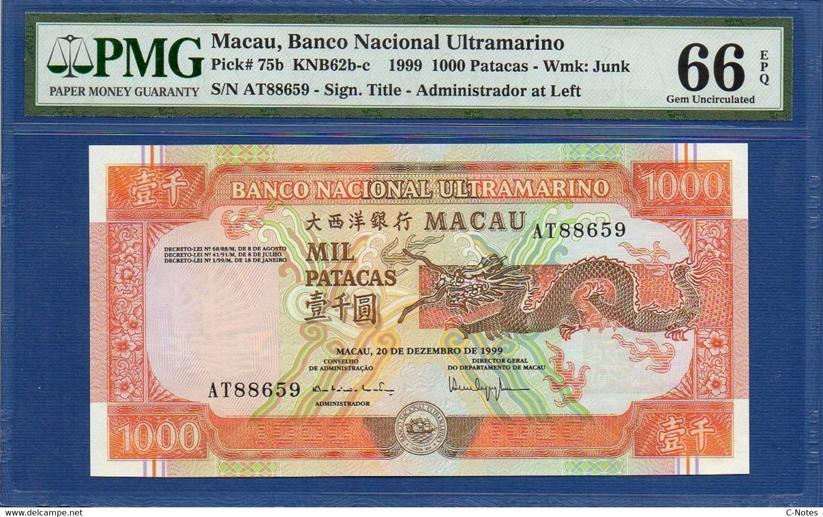 MACAO - MACAU - P.75b – 1000 Patacas 1999 UNC / PMG 66 , Serie AT 88659 - Macau