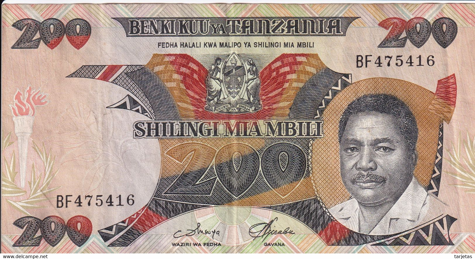 BILLETE DE TANZANIA DE 200 SHILINGI DEL AÑO 1992 (BANKNOTE) PESCADORES - Tansania
