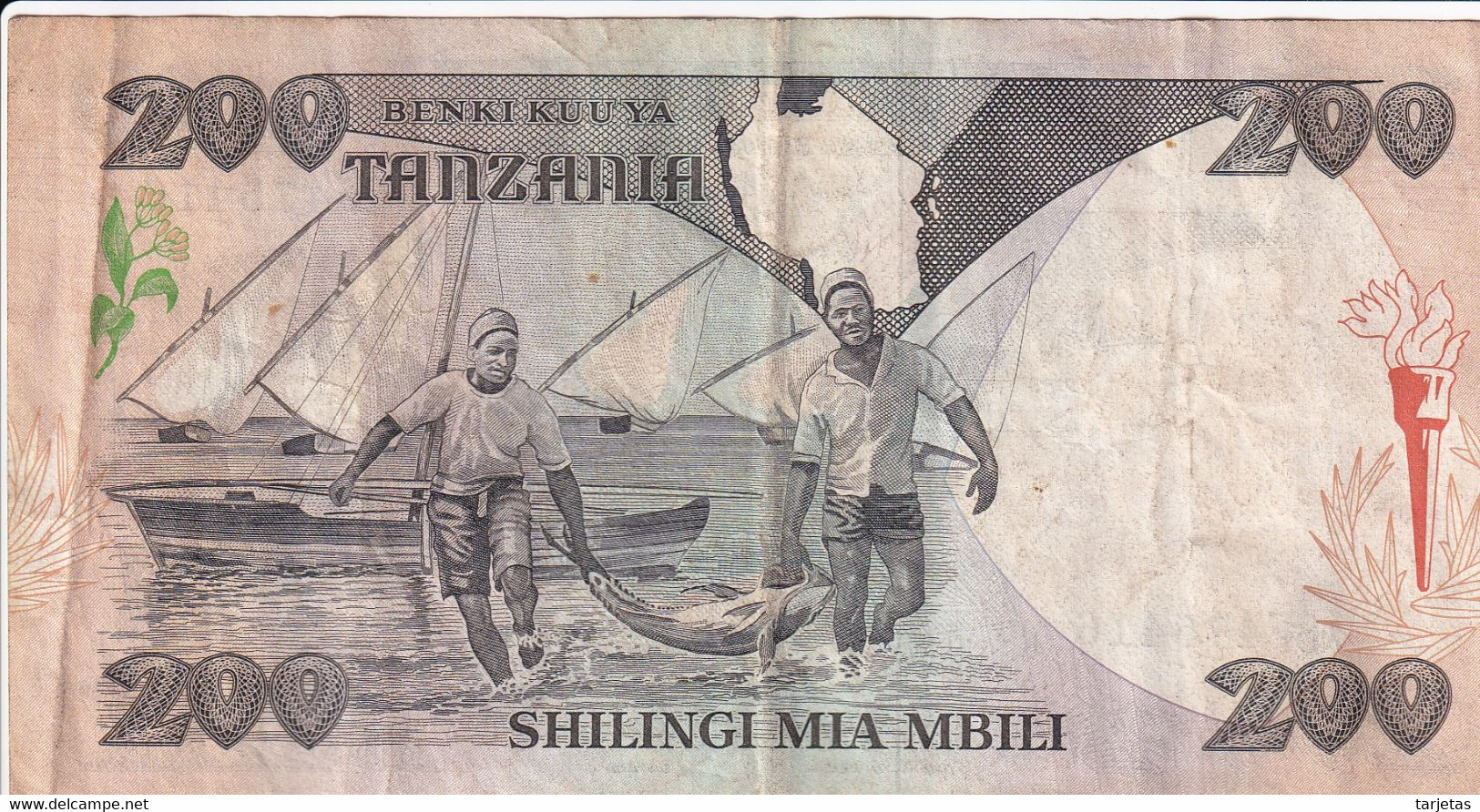 BILLETE DE TANZANIA DE 200 SHILINGI DEL AÑO 1992 (BANKNOTE) PESCADORES - Tansania