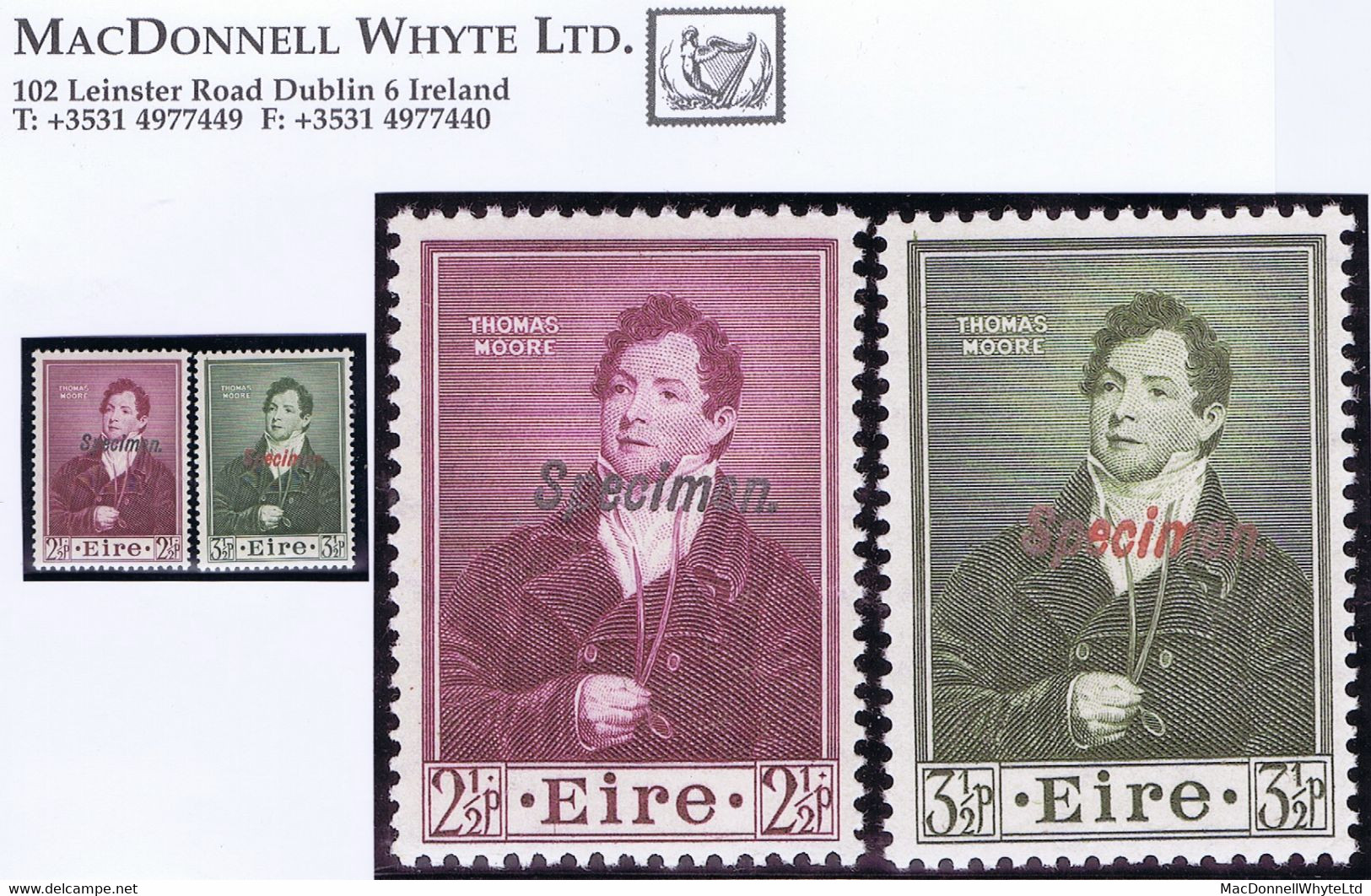 Ireland 1952 Thomas Moore 2½d 3½d, Set With "Specimen" Overprint, Mint Unmounted, From The Printers' Archive - Nuovi