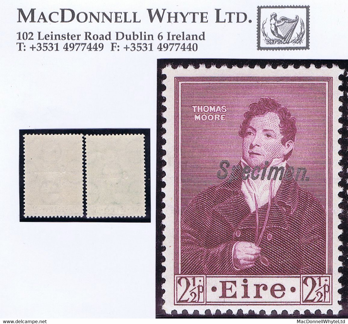 Ireland 1952 Thomas Moore 2½d 3½d, Set With "Specimen" Overprint, Mint Unmounted, From The Printers' Archive - Ongebruikt