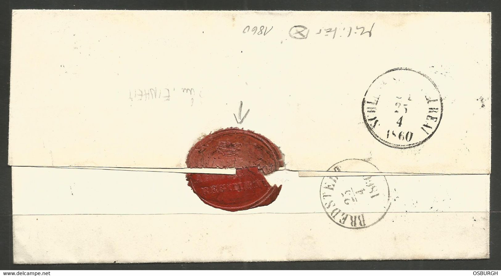 DENMARK / SCHLESWIG HOLSTEIN. 1860. FOLDED COVER. KOPENHAGEN TO BREDSTED. MILITARY SEAL FOR ARTILLERY REGIMENT. - Storia Postale