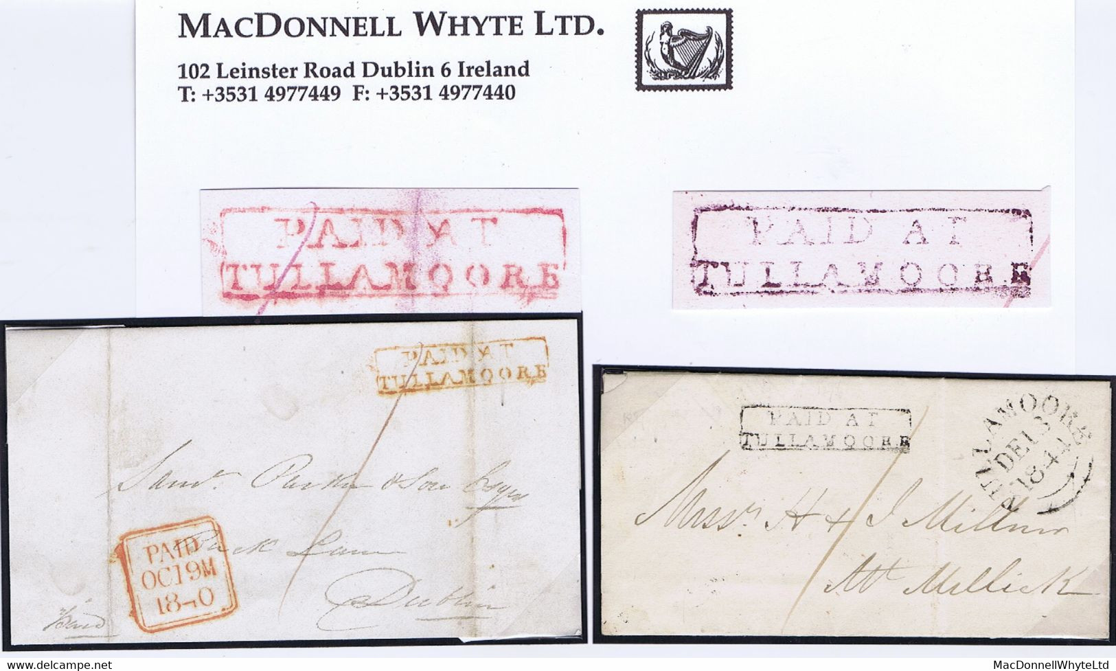 Ireland Offaly Uniform Penny Post Boxed PAID AT/TULLAMORE In Red 1840 And In Black 1844 On Front Or Cover - Prefilatelia