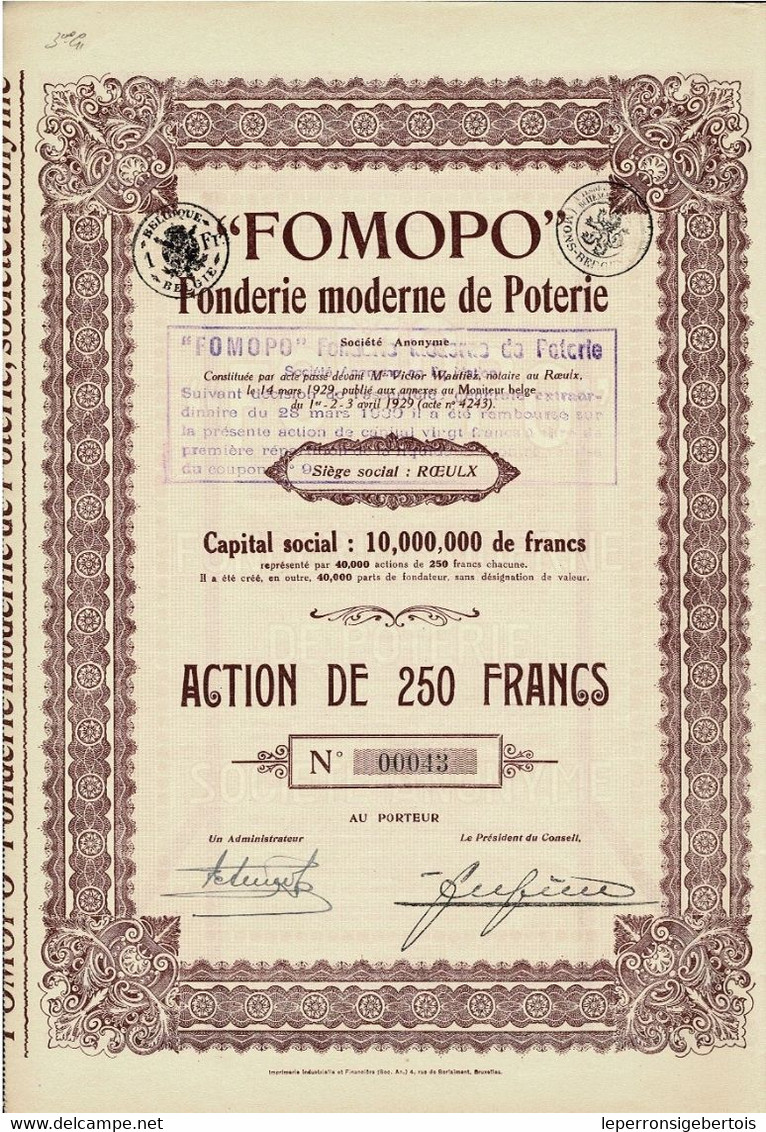 Titre De 1929 - FOMOPO - Fonderie Moderne De Poterie - Industrie