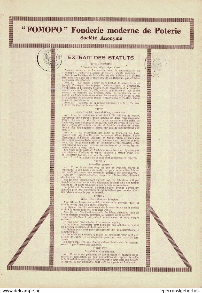 Titre De 1929 - FOMOPO - Fonderie Moderne De Poterie - Industrie