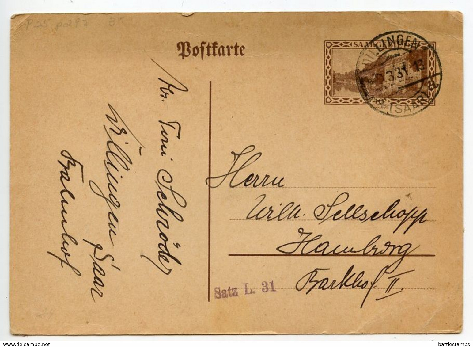 Saar 1931 40c. Saarlouis Fortifications Postal Card; Dillingen To Hamburg - Interi Postali