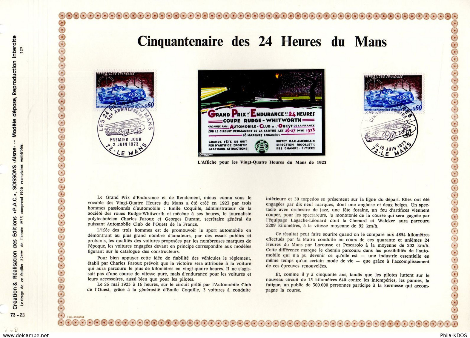 RR 1500 Ex. " 50 ANS DES 24 HEURES DU MANS " Sur Feuillet PAC N°té RARE De 1973 N° YT 1761 Parf. état FDC RR - Automobile