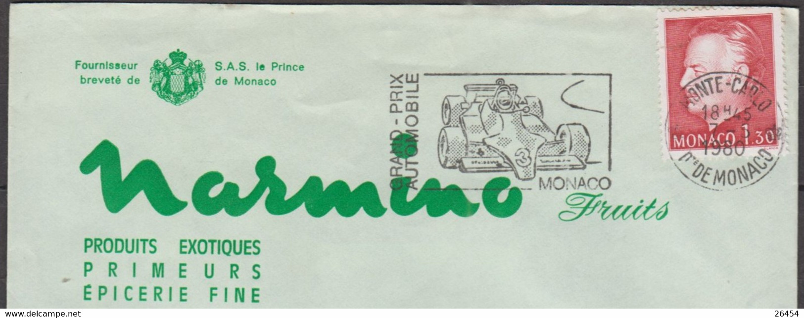 MONACO Le 7 5 1980 Flamme " Grand Prix Automobile " Sur Enveloppe PUBLICITAIRE  " NARMINO Fruits " Avec Timbre 1f30 - Covers & Documents