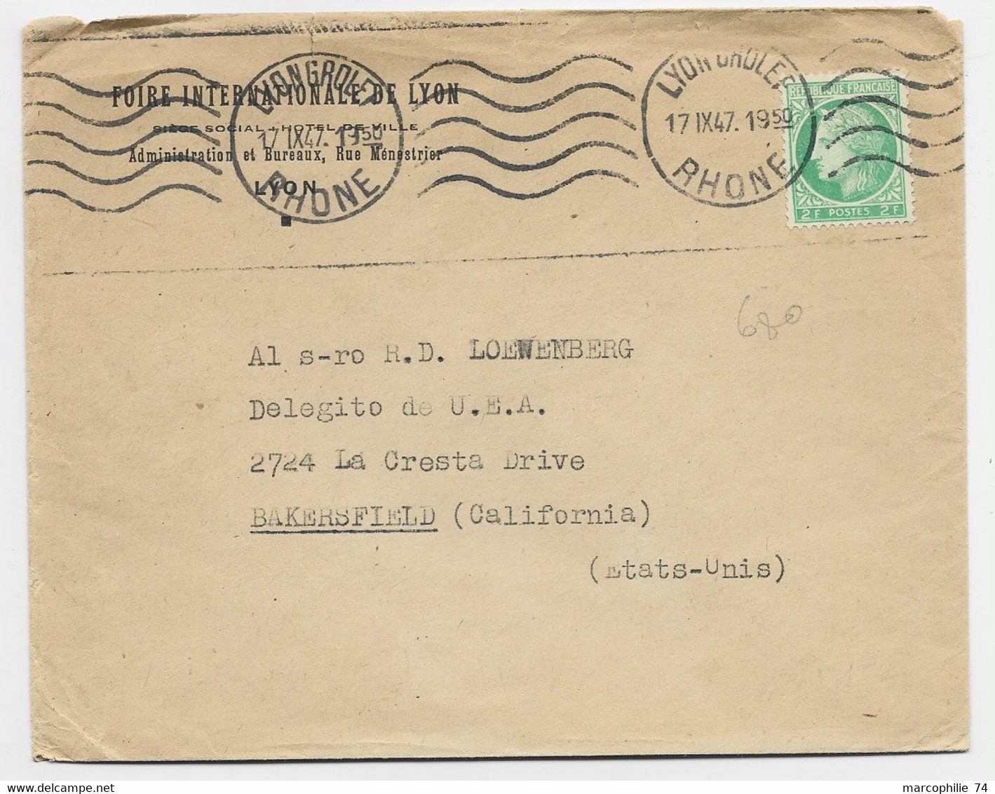 MAZELIN 2FR SEUL LETTRE LYON GROLEE 17.IX  .1947 POUR USA  AU TARIF IMPRIME - 1945-47 Ceres (Mazelin)