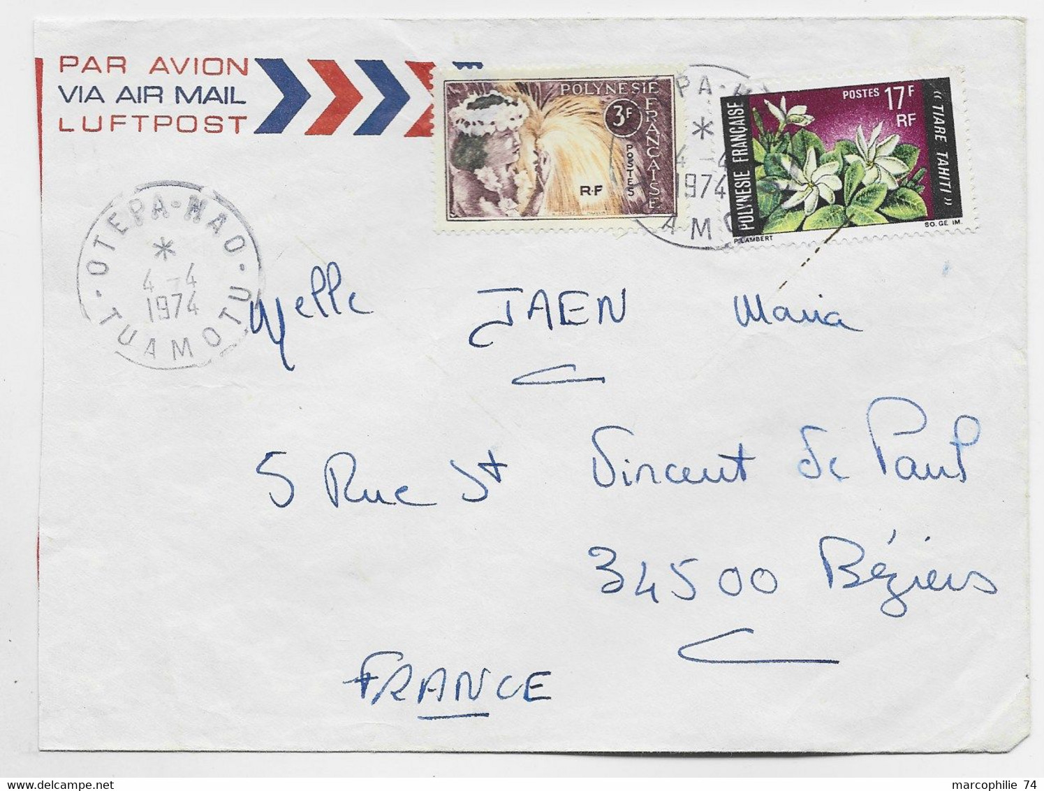 POLYNESIE 3FR+17R LETTRE COVER AVION OTEPA MAO 4.4.1974 TUAMOTU - Storia Postale