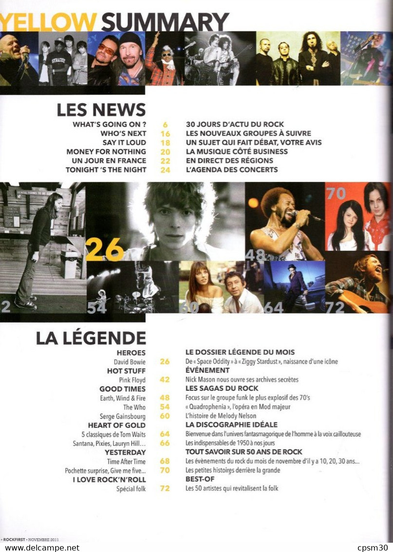 Revue ROCK First N° 03 Nov 2011 BOWIE, The Who, Serge Gainsbourg, Débat, Pearl Jam, HF Thiéfaine Etc... - Música