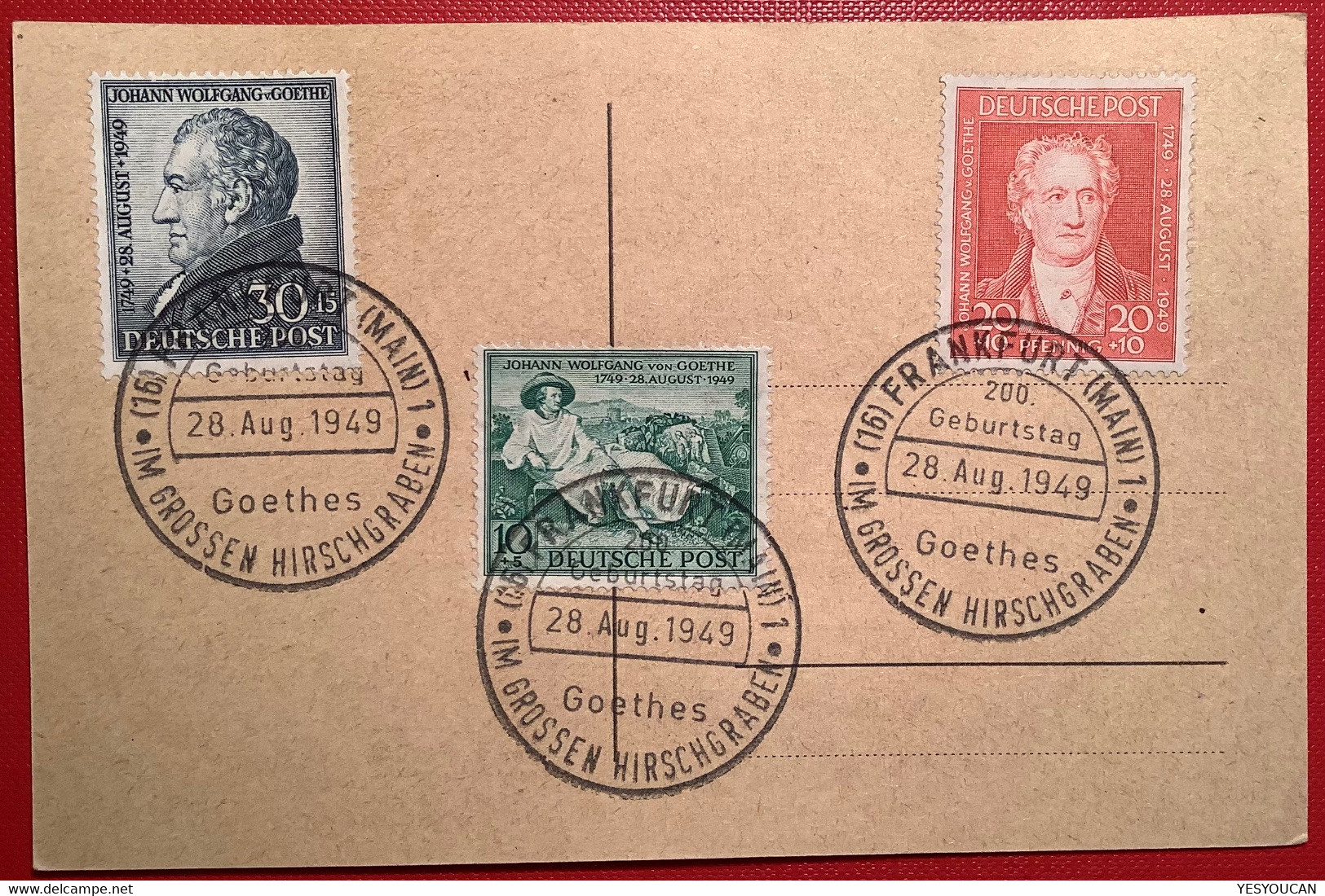 1949 200. Geburstag Von Goethe Luxus Satz 108-110 Sonderstempel Frankfurt Auf S-Karte (Deutschland Alliierte Besetzung - Sonstige & Ohne Zuordnung