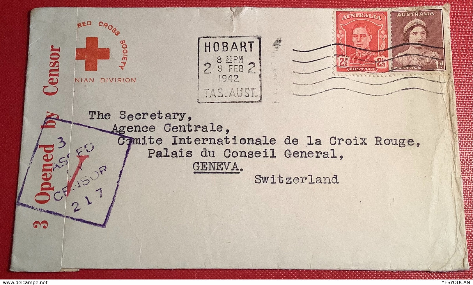 AUSTRALIAN RED CROSS TASMANIAN DIV Hobart 1942 V Censored Cover>Genéve Suisse (Tasmania Australia Lettre Censure WW2 War - Brieven En Documenten