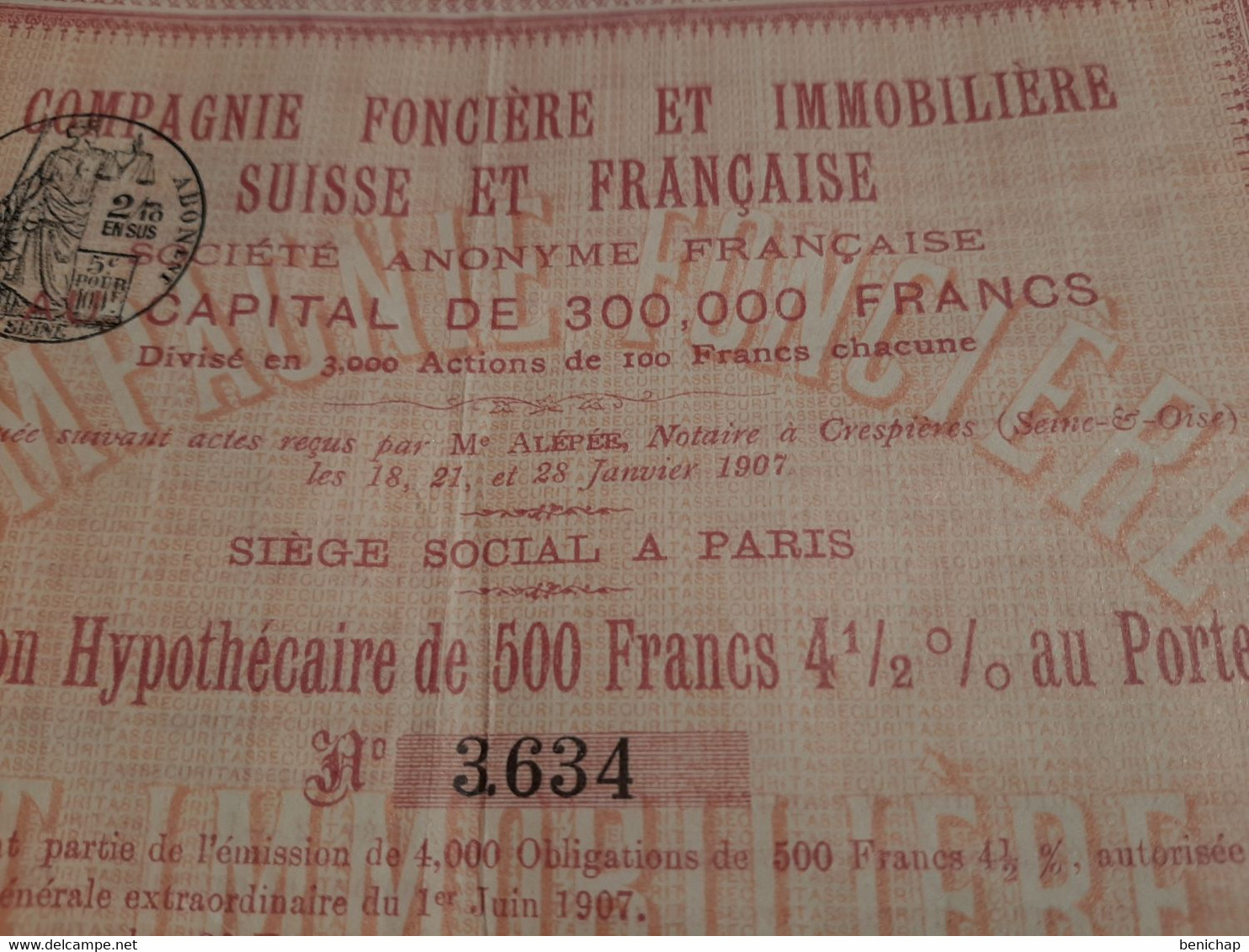 Compagnie Foncière Et Immobilière Suisse Et Française S.A.F. - Obligation Hypothécaire De 500 Frs. - Paris Décembre 1907 - Banque & Assurance