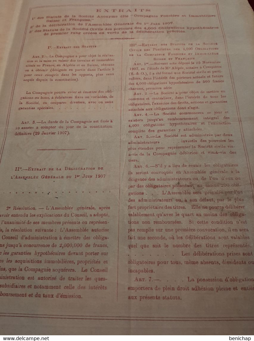 Compagnie Foncière Et Immobilière Suisse Et Française S.A.F. - Obligation Hypothécaire De 500 Frs. - Paris Décembre 1907 - Banque & Assurance