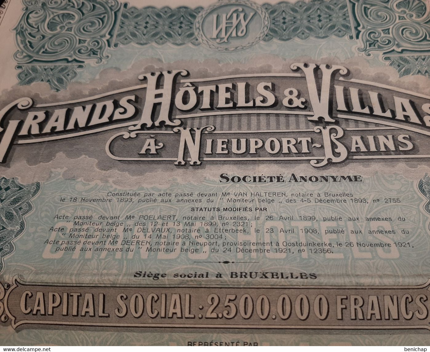 Grands Hôtels & Villas à Nieuport-Bains S.A. - Action Privilégiée De 250 Frs. - Bruxelles 24 Décembre 1921. - Tourism