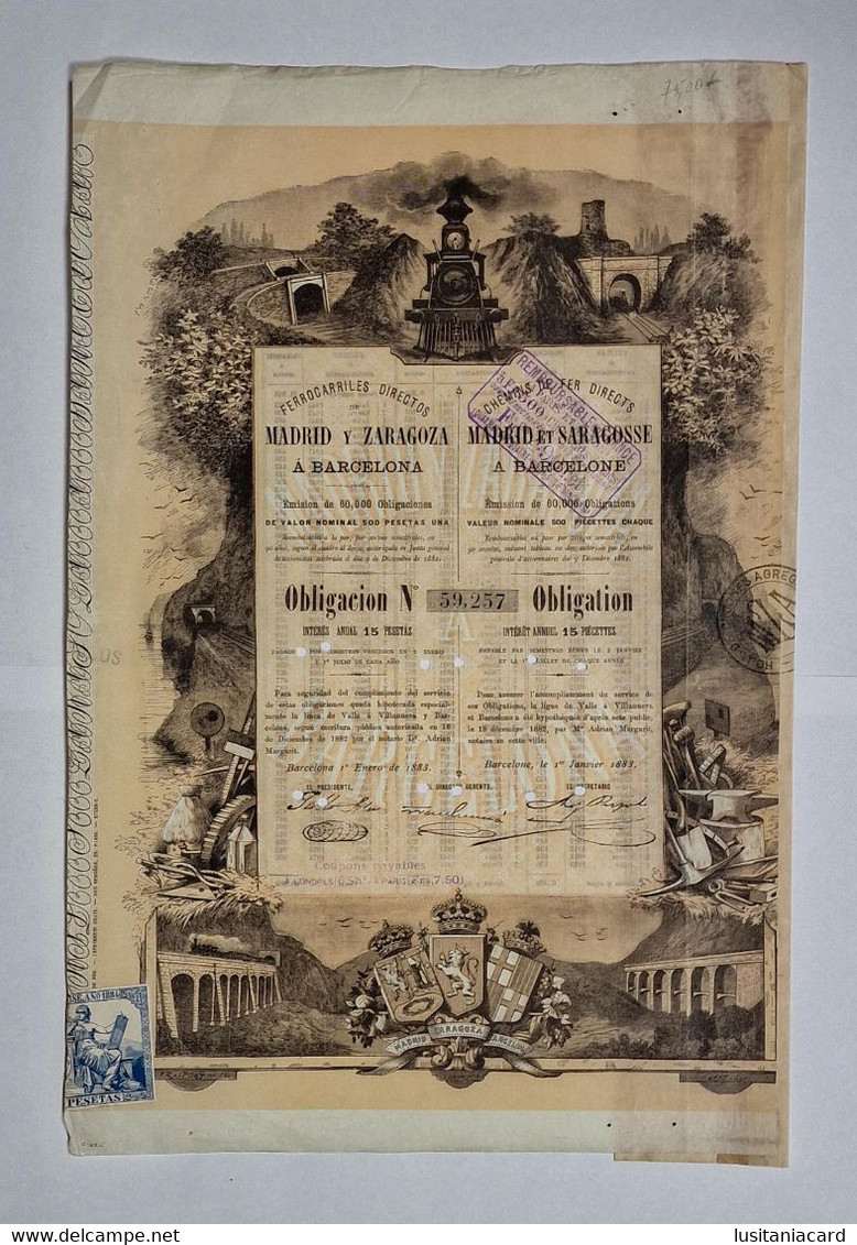 SPAIN -BARCELONA-Ferrocarriles Directos Madrid Y Zaragoza -Obligación Nº 59257-Interés Anual 15 Pesetas-1º Enero De 1883 - Transport