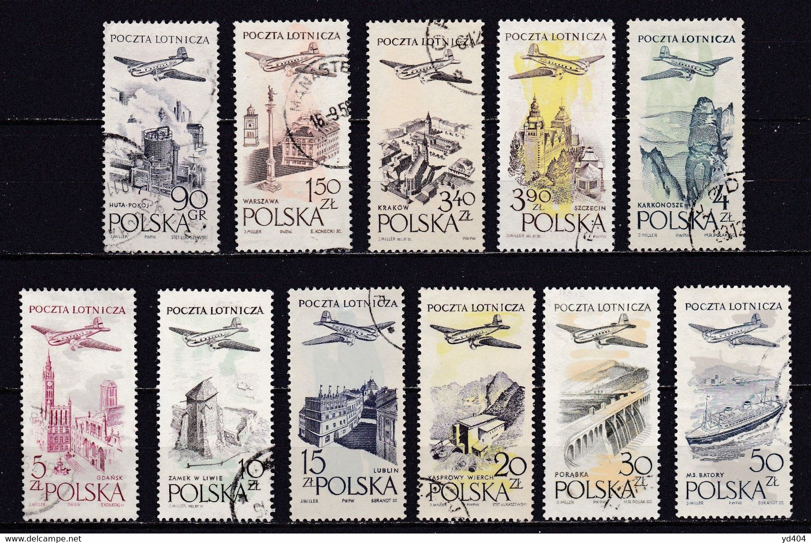 PL307 – POLAND – AIRMAIL – 1957-58 – PLANES OVER CITIES – SC # C41/51 USED 12 € - Gebraucht