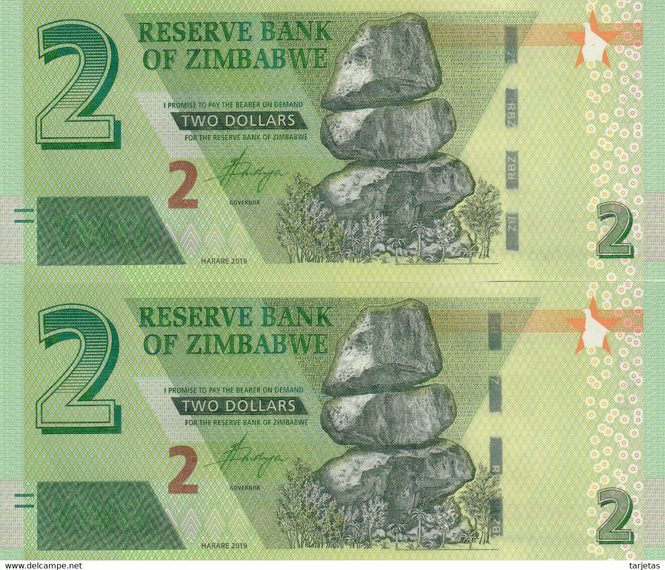 PAREJA CORRELATIVA DE ZIMBABWE DE 2 DOLLARS DEL AÑO 2019 SIN CIRCULAR (UNC) (BANKNOTE) - Zimbabwe