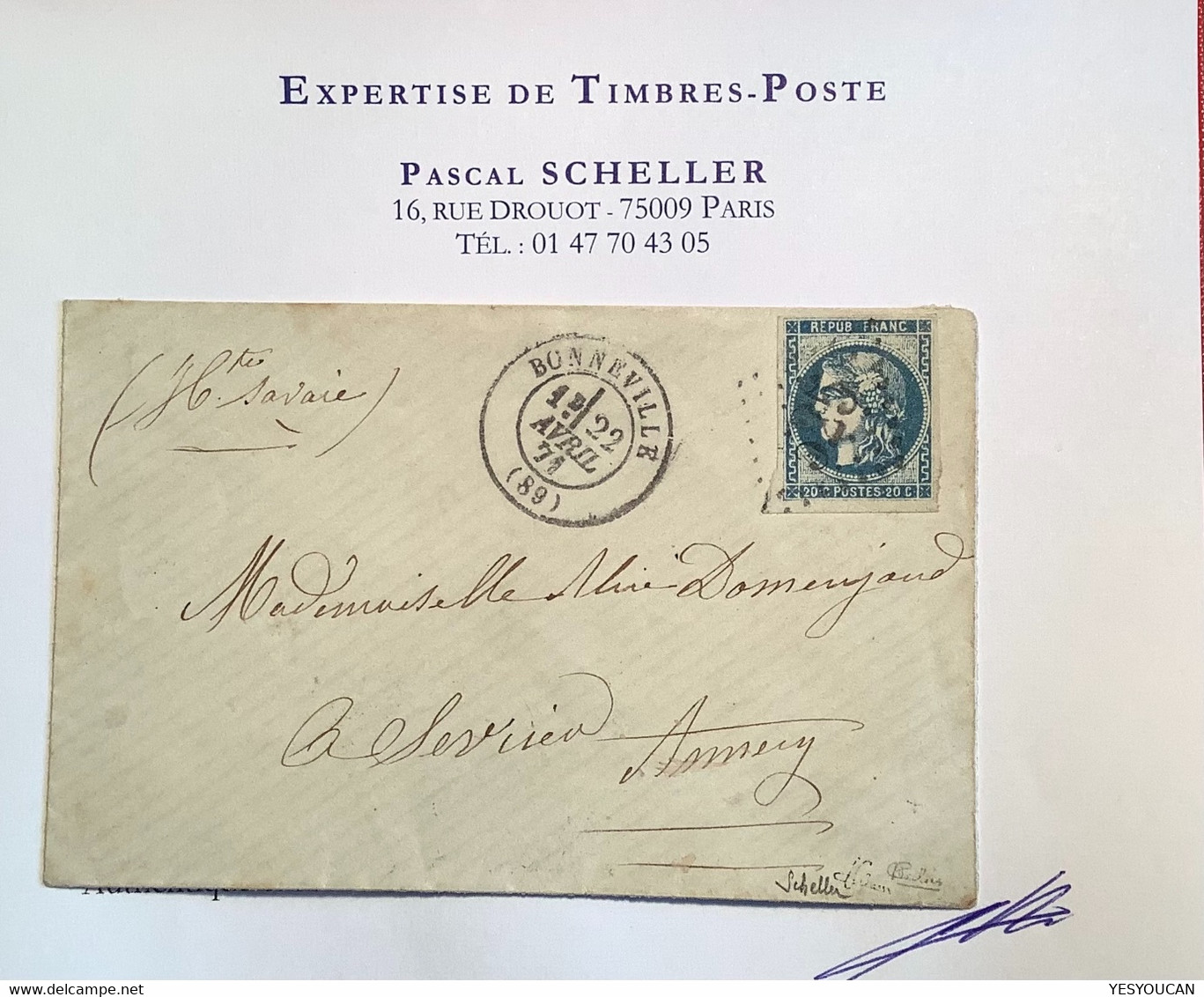 #46Ad TTB NUANCE RARE BLEU-OUTREMER Lettre BONNEVILLE1871(89 Hte Savoie)20c Bordeaux T.III, Rep.1 Cert. Scheller (France - 1870 Bordeaux Printing