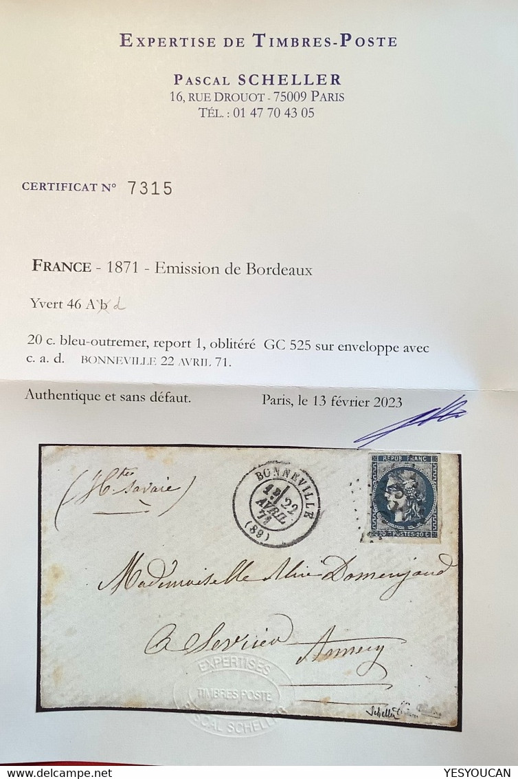 #46Ad TTB NUANCE RARE BLEU-OUTREMER Lettre BONNEVILLE1871(89 Hte Savoie)20c Bordeaux T.III, Rep.1 Cert. Scheller (France - 1870 Emissione Di Bordeaux