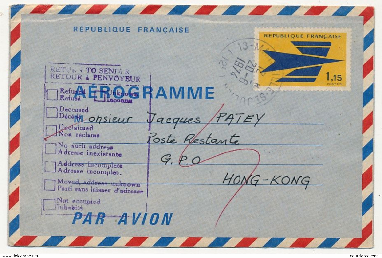 FRANCE => Aérogramme 1,15 Logo De La Poste - Obl Marseille St Just 1974 + Unclaimed Return HONG KONG - Aerogramas