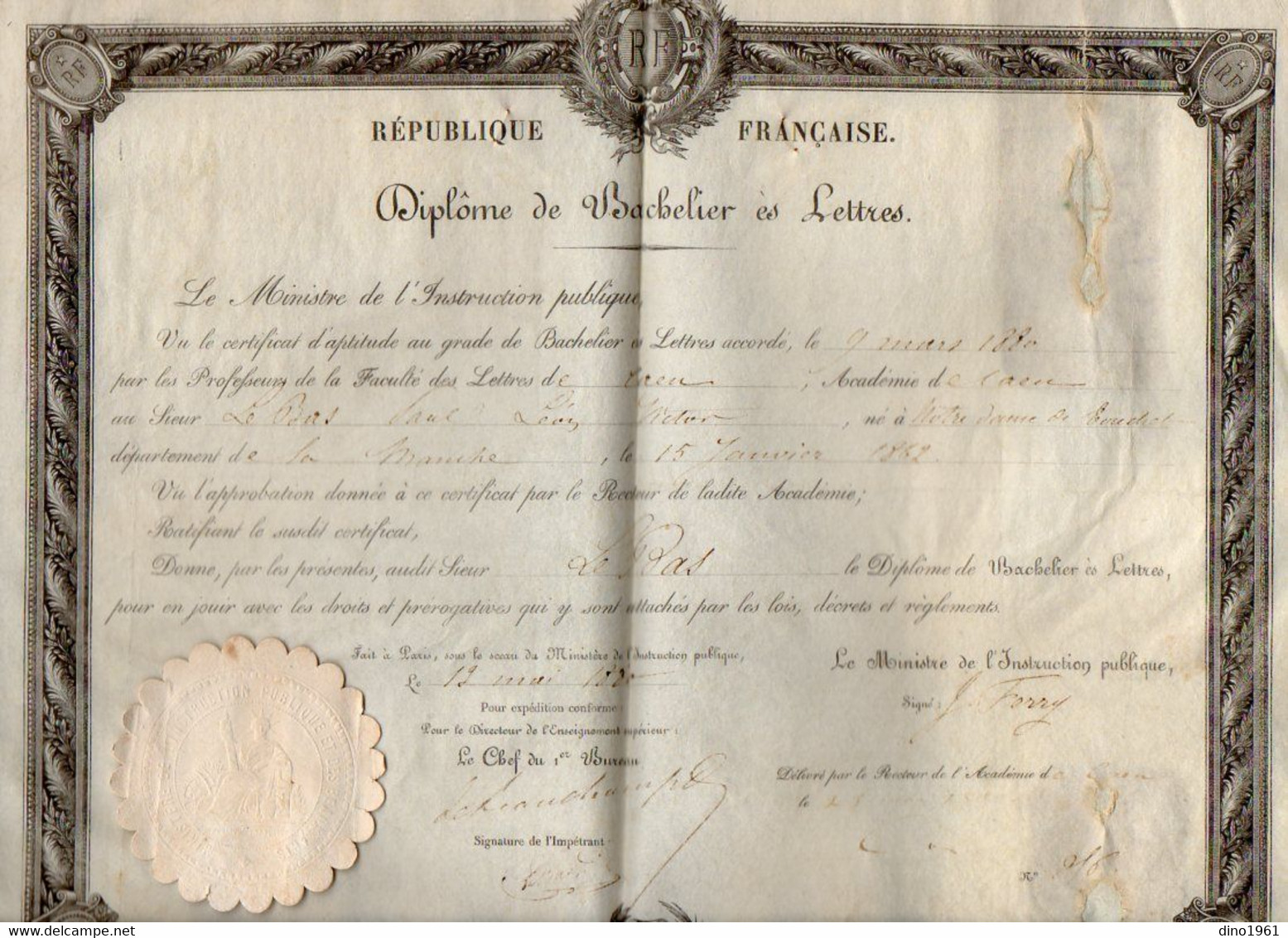 VP21.718 - PARIS X CAEN 1880 - RF - Diplôme De Bachelier Es Lettre - Mr P.L.Victor LE BAS Né à NOTRE DAME DE TOUCHET - Diploma's En Schoolrapporten