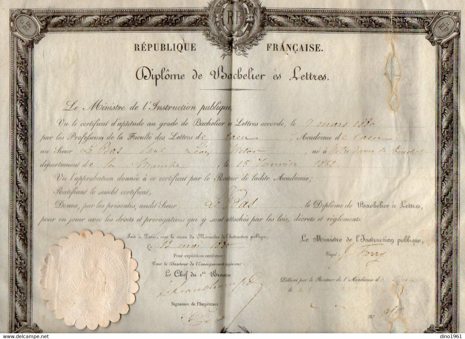 VP21.718 - PARIS X CAEN 1880 - RF - Diplôme De Bachelier Es Lettre - Mr P.L.Victor LE BAS Né à NOTRE DAME DE TOUCHET - Diplomas Y Calificaciones Escolares