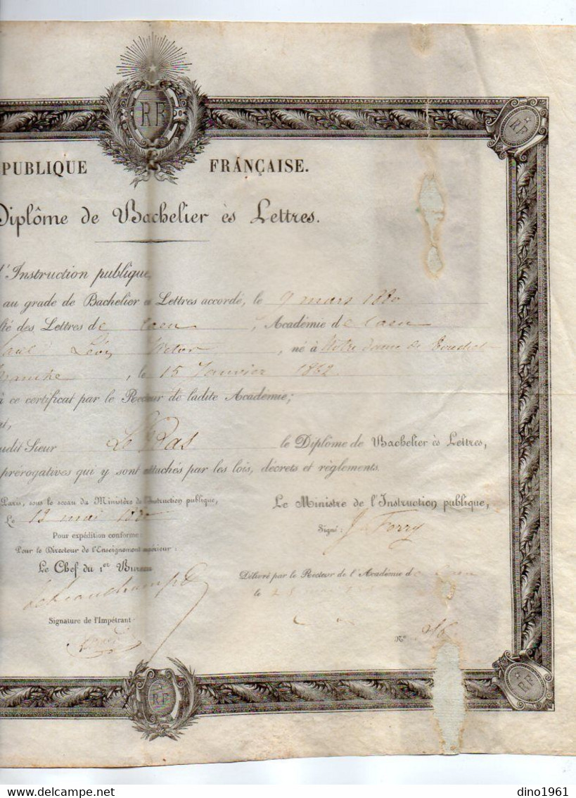 VP21.718 - PARIS X CAEN 1880 - RF - Diplôme De Bachelier Es Lettre - Mr P.L.Victor LE BAS Né à NOTRE DAME DE TOUCHET - Diplômes & Bulletins Scolaires