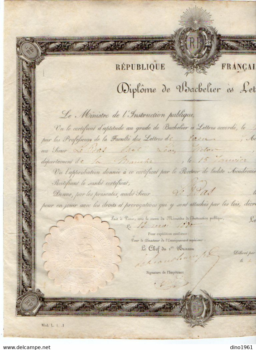 VP21.718 - PARIS X CAEN 1880 - RF - Diplôme De Bachelier Es Lettre - Mr P.L.Victor LE BAS Né à NOTRE DAME DE TOUCHET - Diplome Und Schulzeugnisse