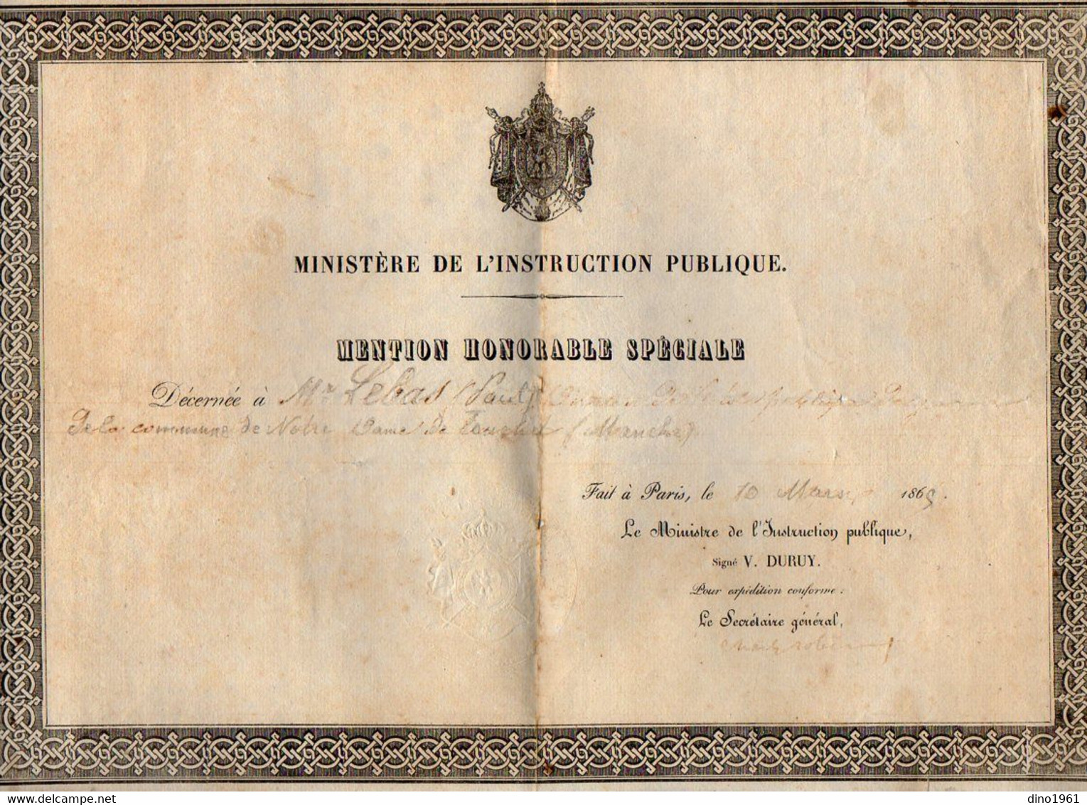 VP21.719 - PARIS 1865 - RF - Mention Honorable Spéciale Décerné à Mr Paul LE BAS De La Commune De NOTRE DAME DE TOUCHET - Diploma's En Schoolrapporten