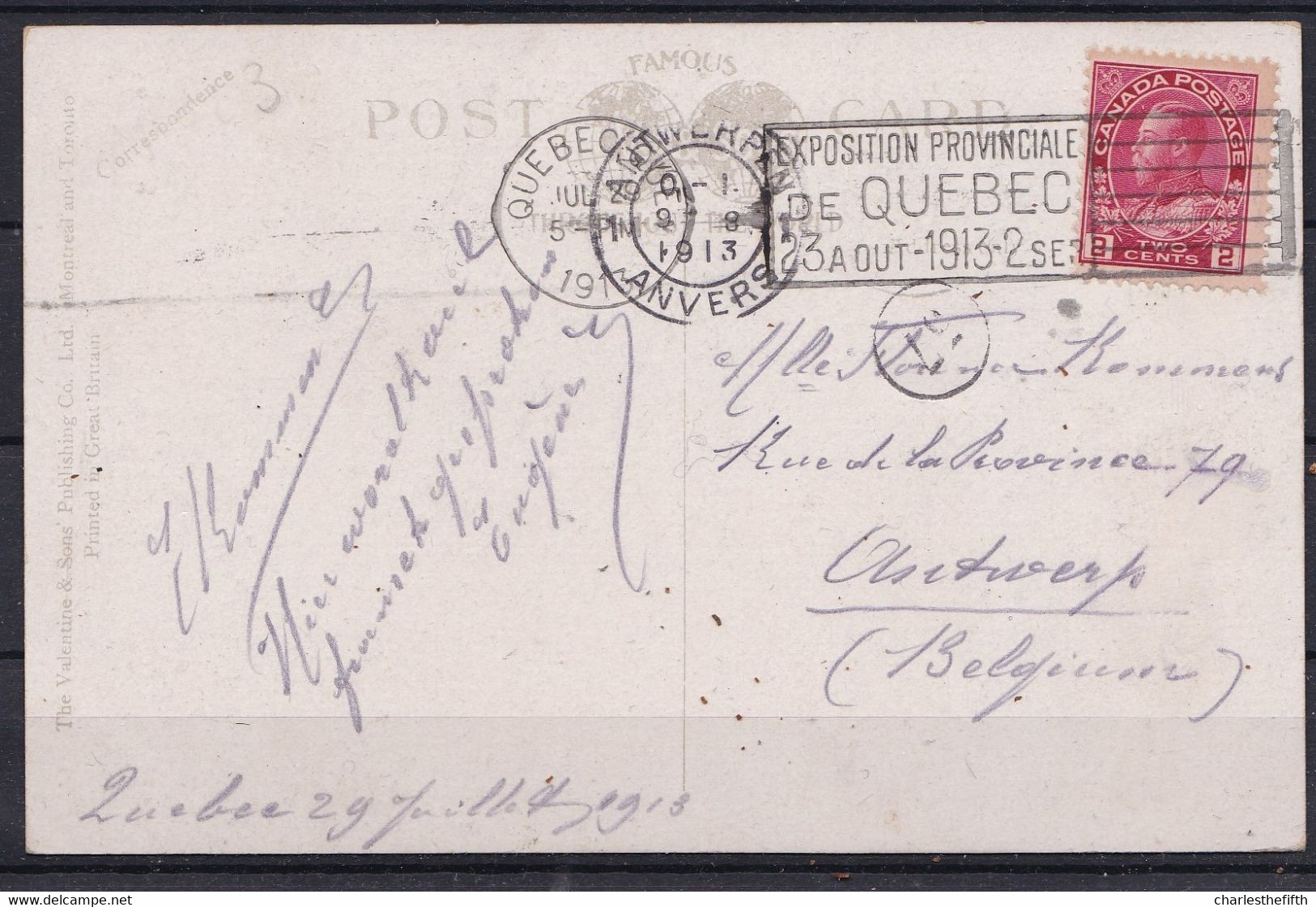 QUEBEC - VERY NICELY STAMPED * EXPOSITION PROVINCIALE DE QUEBEC 23 Aout 1913 > To Antwerp - See Front Also - Covers & Documents