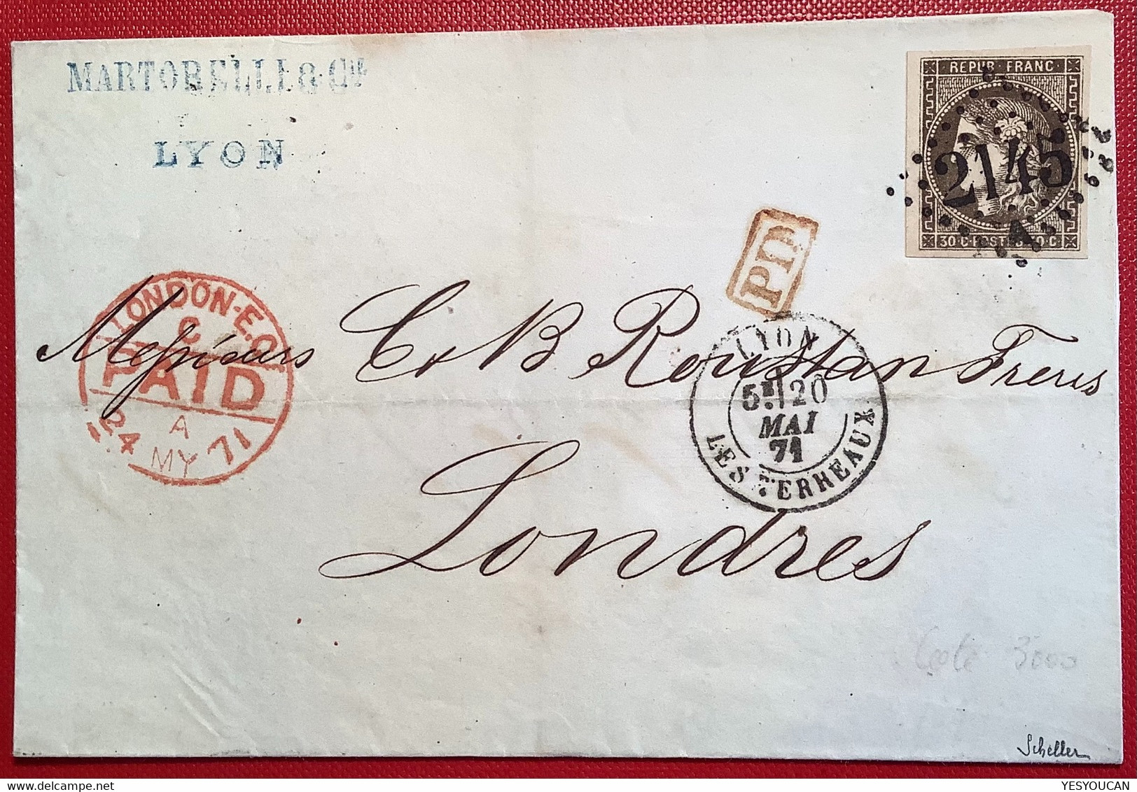 Nr.47 SUPERBE Lettre LYON LES TERREAUX 1871 30c Brun émission 1870 Bordeaux>London GB, Signé Scheller (France - 1870 Emissione Di Bordeaux