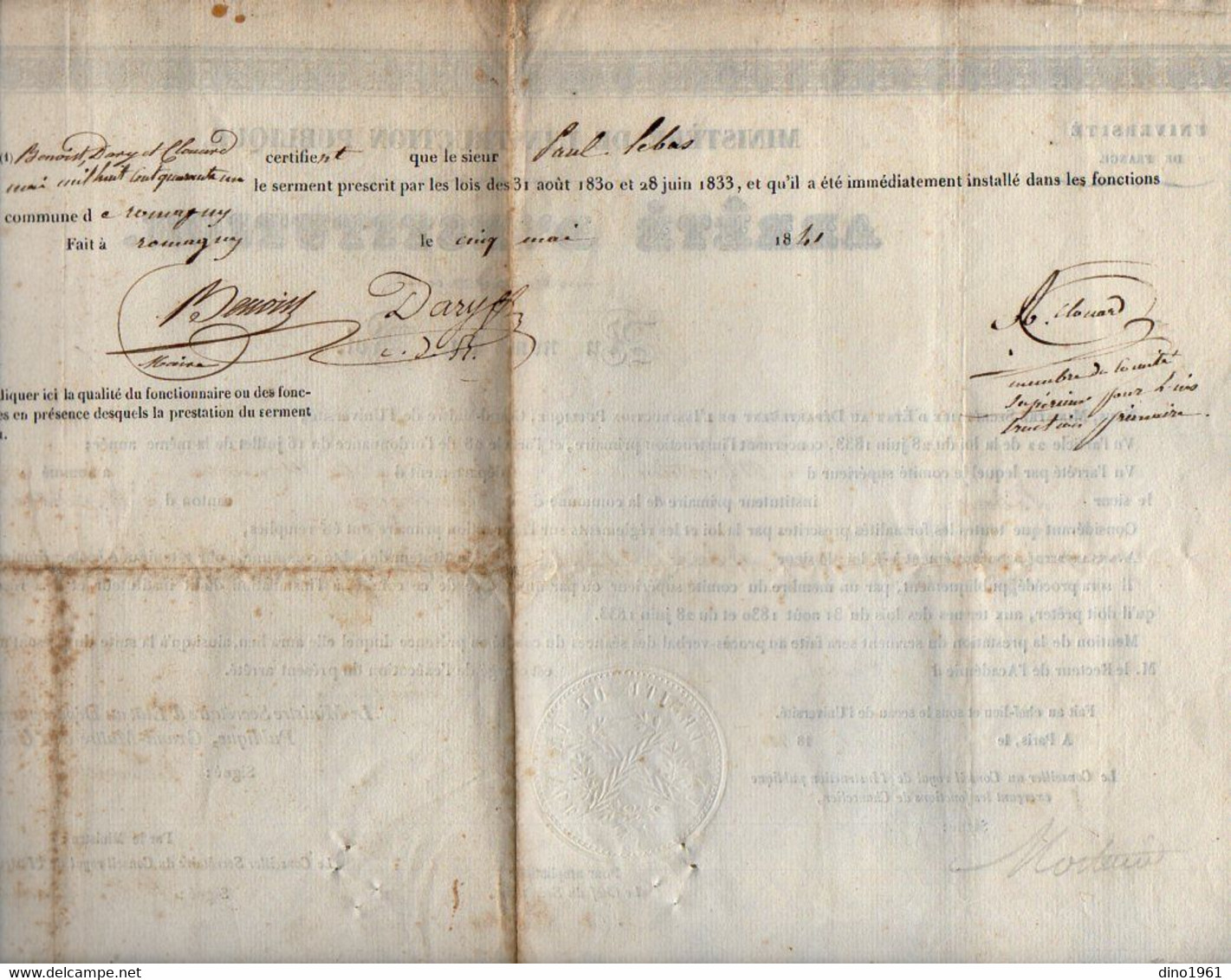 VP21.720 - PARIS X CAEN X MORTAIN 1841 - Au Nom Du Roi - Arrêté D'Institution - Mr Paul LE BAS Instituteur à ROMAGNY - Diplomas Y Calificaciones Escolares