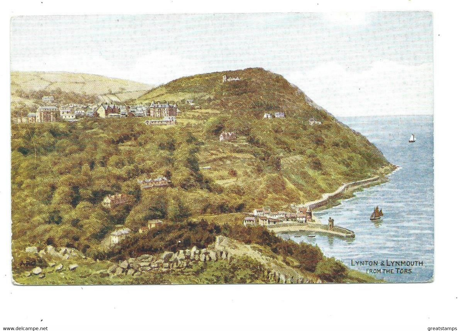 Devon  Postcard Watercolour Type   Unused Salmon Lynton And Lynmouth From The Tors - Lynmouth & Lynton
