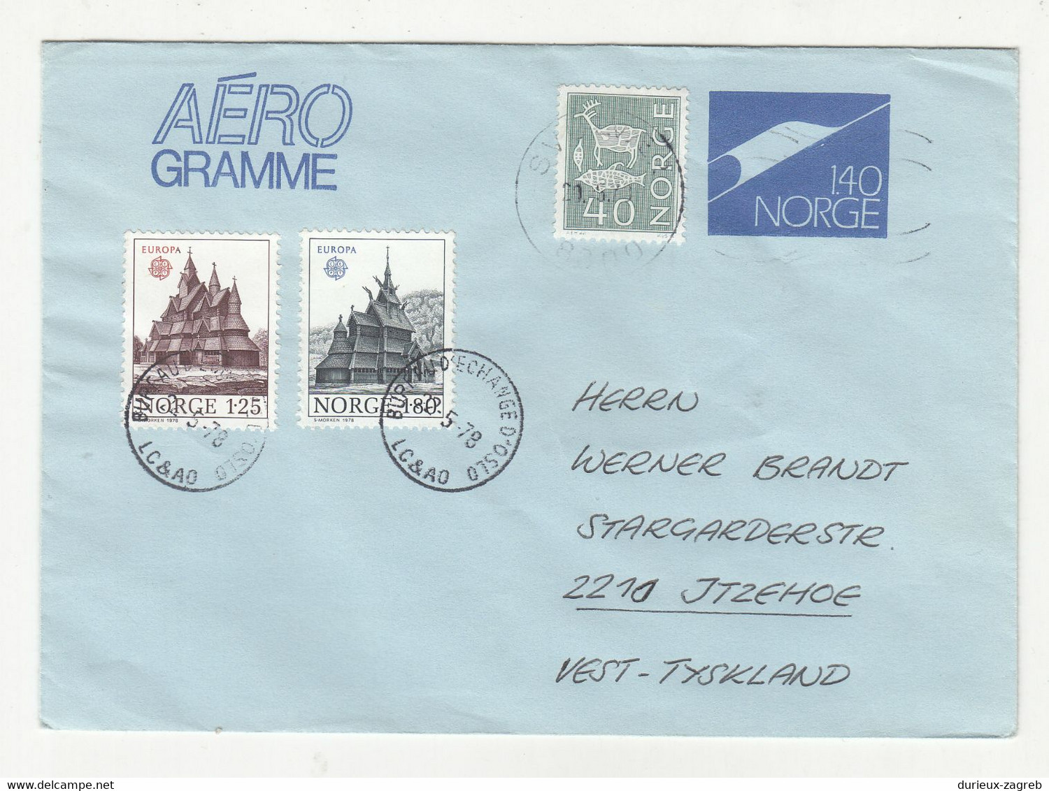 Norway Postal Stationery Aerogramme Posted 1978 To Germany - Europa CEPT Stamps B230301 - Postwaardestukken