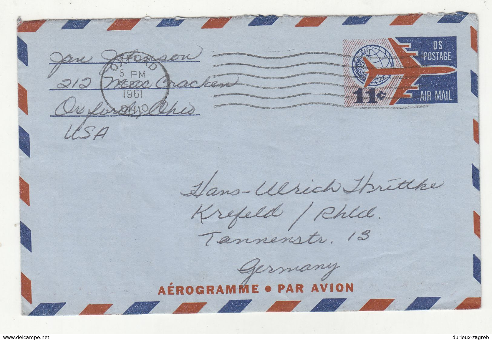 US Postal Stationery 11c Aerogramme Posted 1961 To Germany B230301 - 1961-80