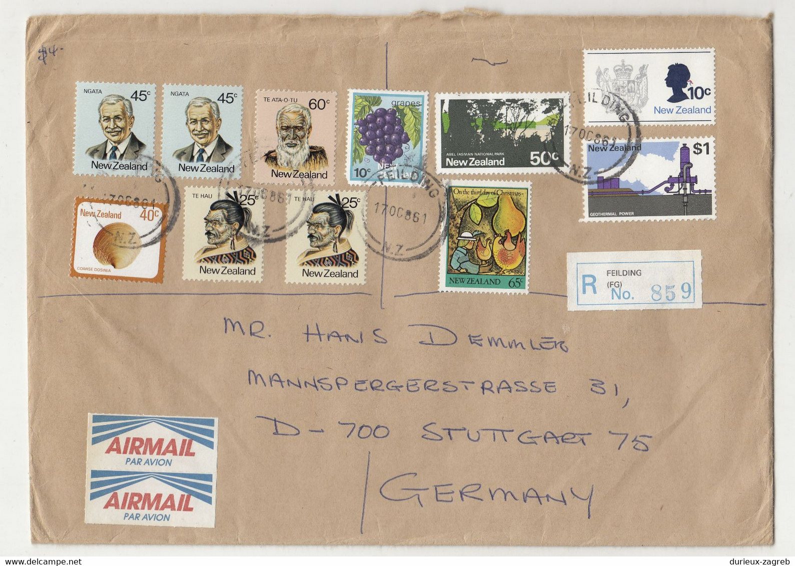 New Zealand Multifranked Large Format Letter Cover Posted Registered Air Mail 1986 Fielding To Germany B230301 - Lettres & Documents