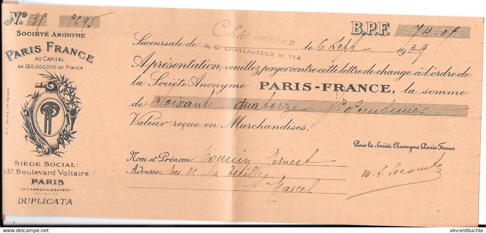 Lettre De Change Paris France 137 Boulevard Voltaire Paris Succursale De Chateauroux 1939 Saint Marcel (duplicata) - Chèques & Chèques De Voyage