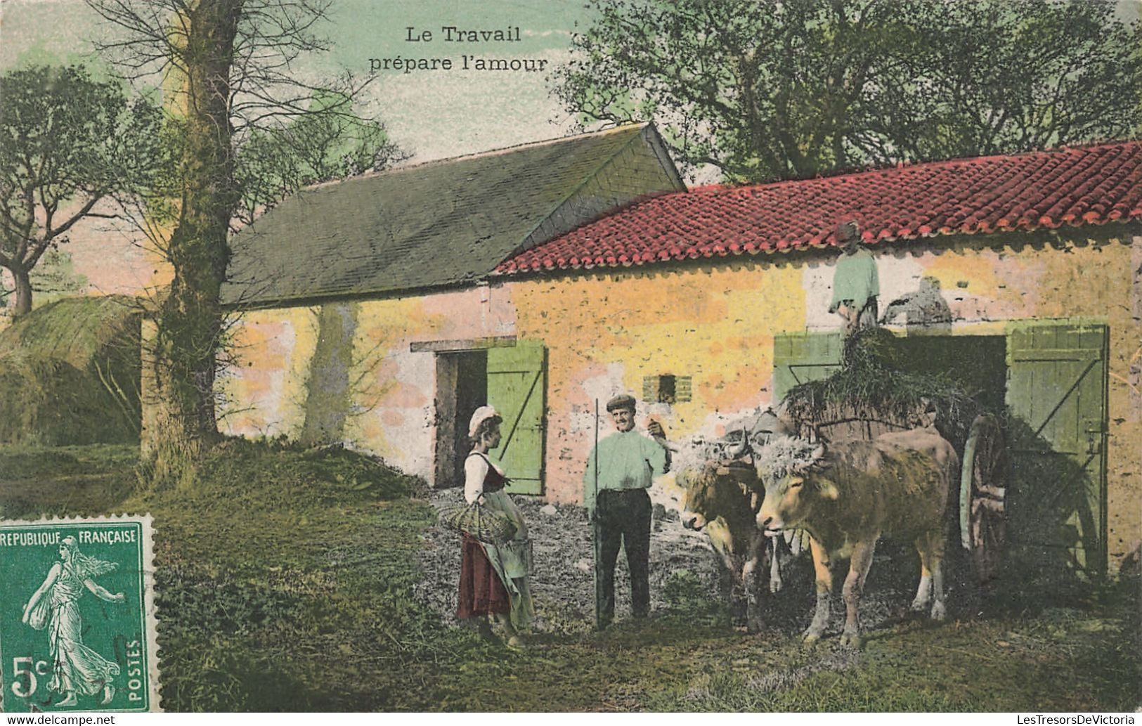 Agriculture - Le Travail Prépare L'amour - Colorisé - Attelage - Boeuf  - Carte Postale Ancienne - Attelages