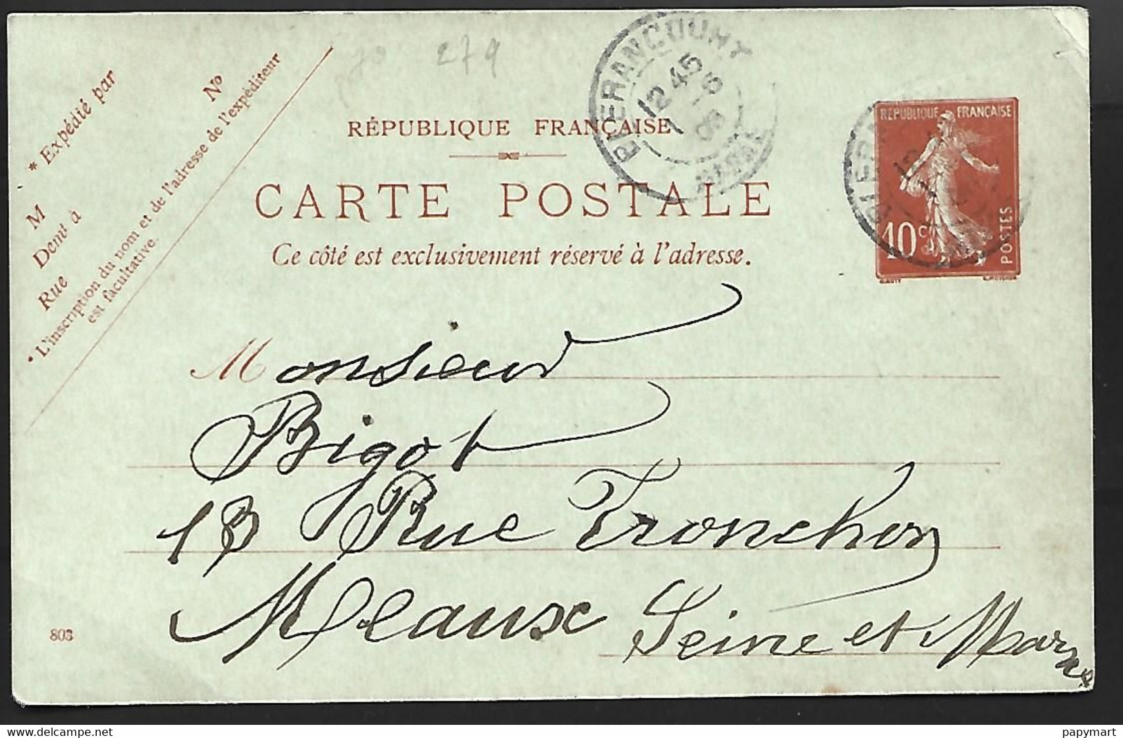 France - Entier 138 CP1. 10 C. Semeuse Camée Oblitéré Blérancourt ( Aisne)  Pour Meaux. Daté 803. - Overprinted Covers (before 1995)