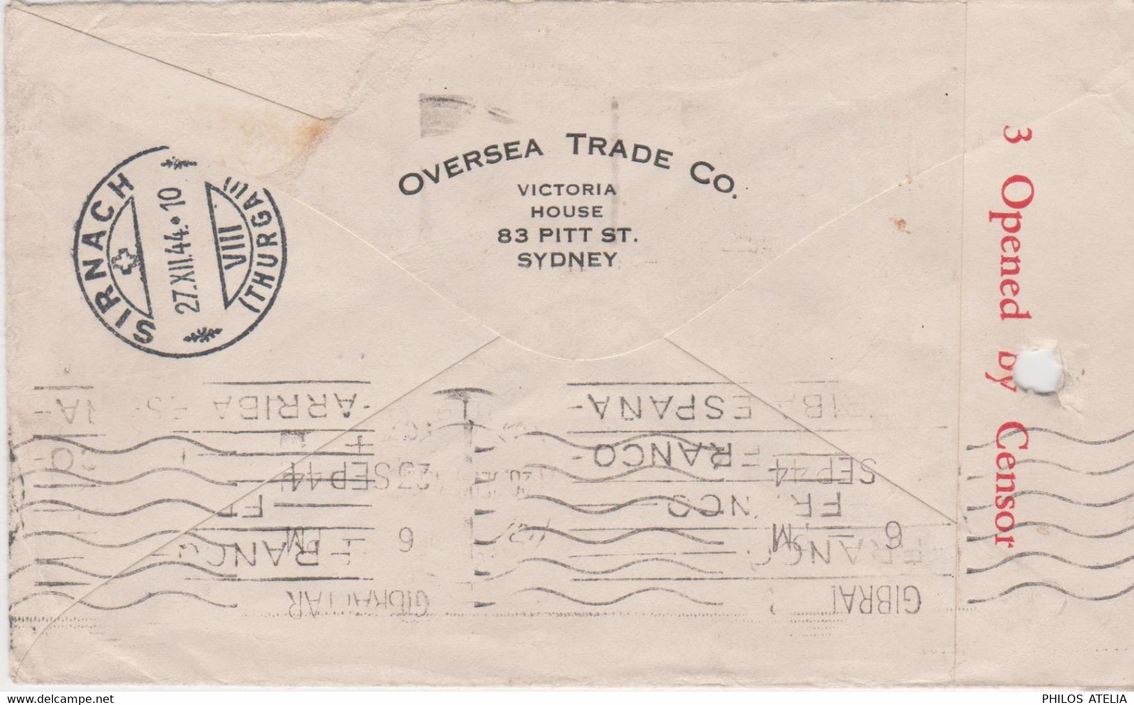 Australia Cachets Sydney 21 AUG 1944 N.S. WAUST + 3 Passed By Censor 5 YT Poste Aérienne N°5 Seul Sur Lettre - Lettres & Documents