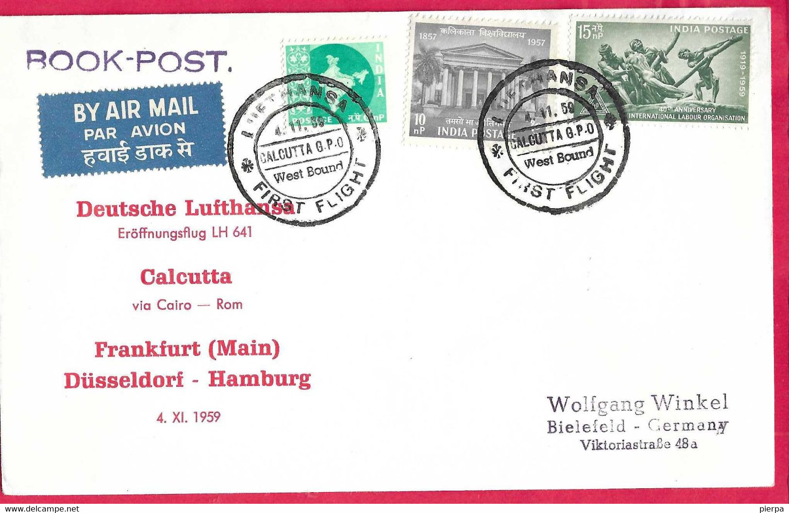 GERMANIA - FIRST FLIGHT LUFTHANSA LH 641 FROM CALCUTTA TO FRANKFURT*4.1.59* ON OFFICIAL ENVELOPE - Primi Voli