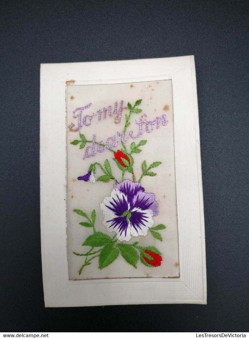 Carte Brodée - To My Dear Son - Violette - Bouton De Rose - Cadre Relief - Carte Postale Ancienne - Embroidered